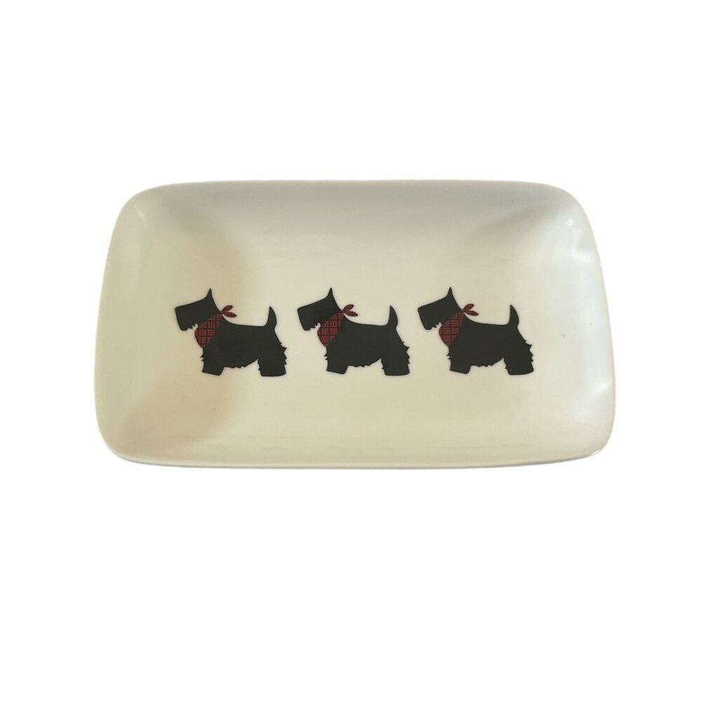 Small Plate Trinket Dish 3 Black Scottie Dogs Tartan Plaid Bandanas Terrier